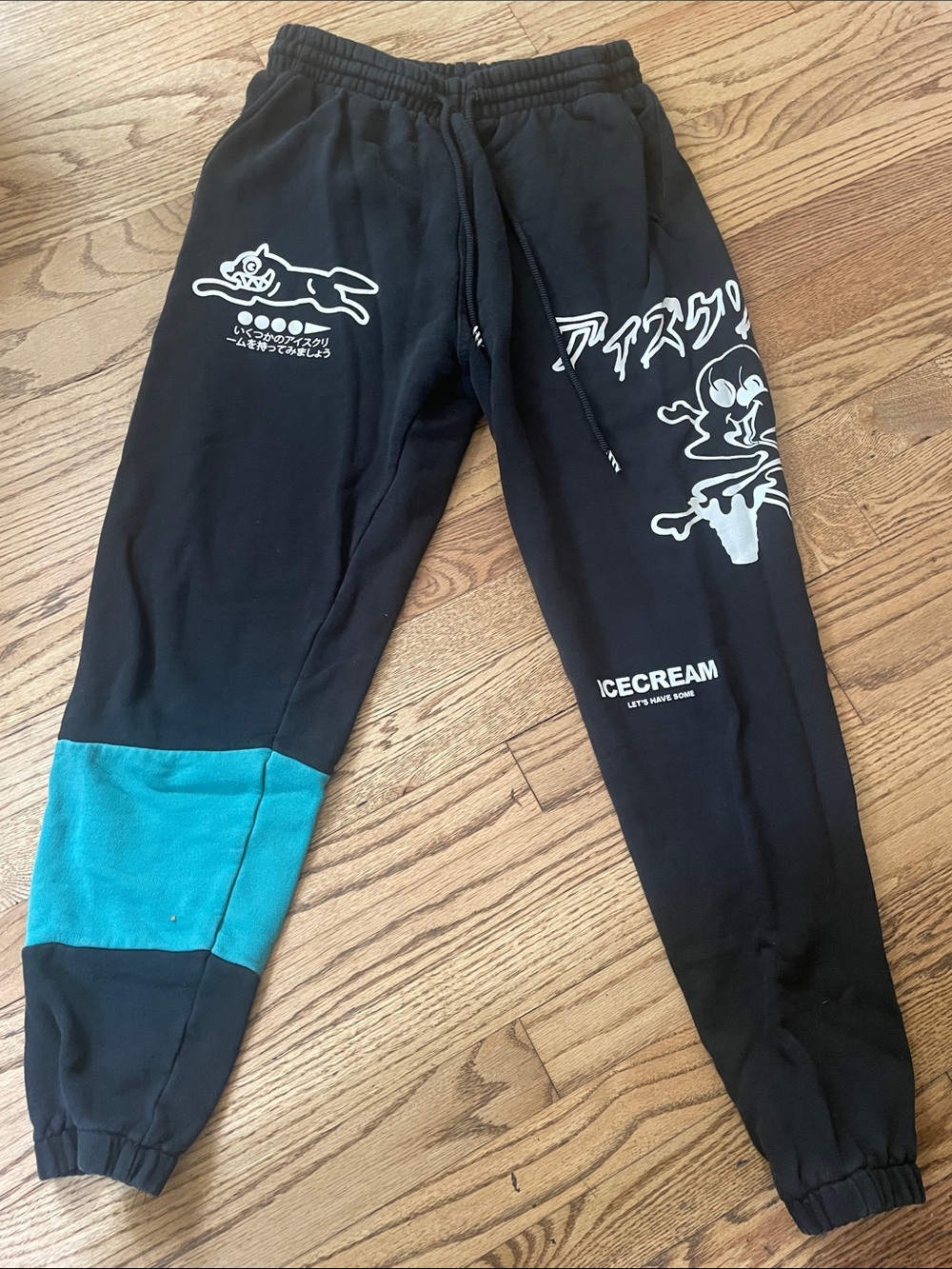 Icecream Black Joggers with Teal Knee Patch and White Prints